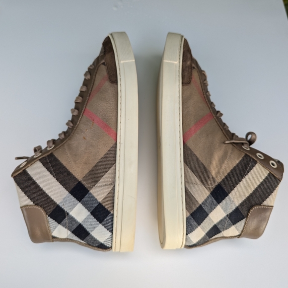 🤎 BURBERRY CANVAS LEATHER HIGH TOP MENS SNEAKERS - Picture 7 of 14